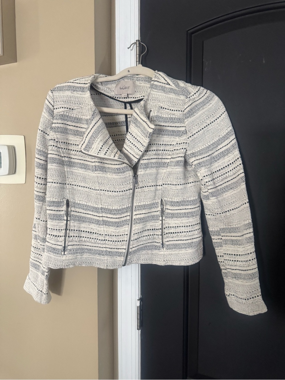 LOFT Cream and Blue Striped Zip Blazer